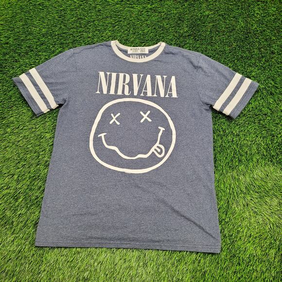 NIRVANA Rock Band Ringer Shirt M/L 21x26 Blueish Gray White - Picture 1 of 11